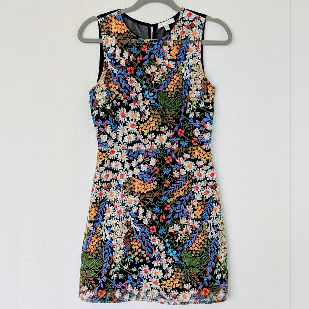 Lucy Paris Embroidered Floral Mini‎ Dress Women's Small 60s Hippie Flowerchild